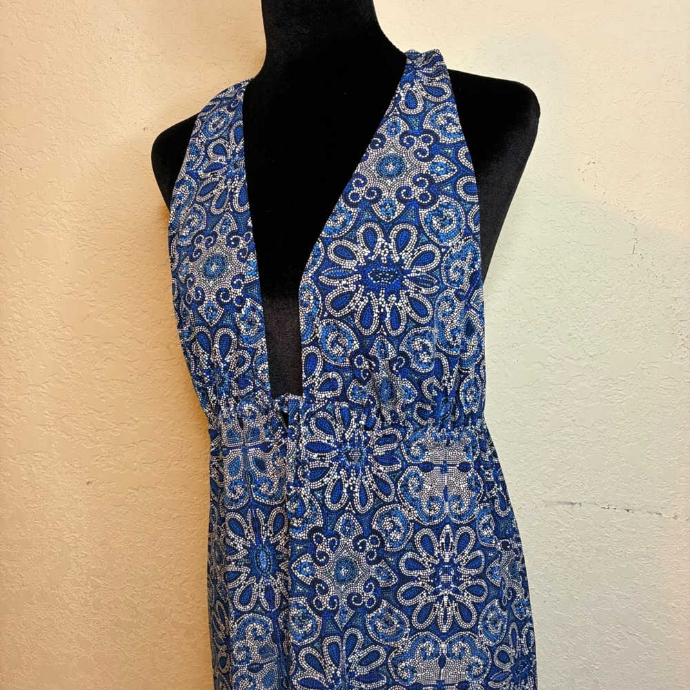 Veronica M Blue Mosaic Floral Maxi Dress Halter Deep V Racerback DL-1048 Medium